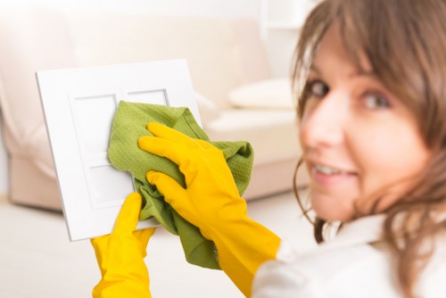 Cleaner working in a modern Notting Hill apartment kitchen