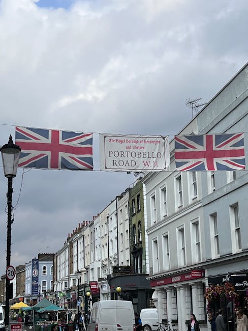 A street scene on Portobello Road in Notting Hill featuring a banner with the Union Jack flags and the text 'Portobello Road' suspended between buildings. The storefronts below have various facades, with one painted in dark green and another in white, and display windows with merchandise and signage. The sky is partly cloudy with patches of blue, and pedestrians are walking along the street, which is lined with shops and commercial establishments. The image emphasizes the vibrant, busy atmosphere of the area, likely linked to the importance of maintaining clean, inviting exteriors and shopfronts in the neighborhood, as highlighted in the Best Cleaning Tips for Portobello Road Shopfronts, NOTTING HILL Cleaner.
