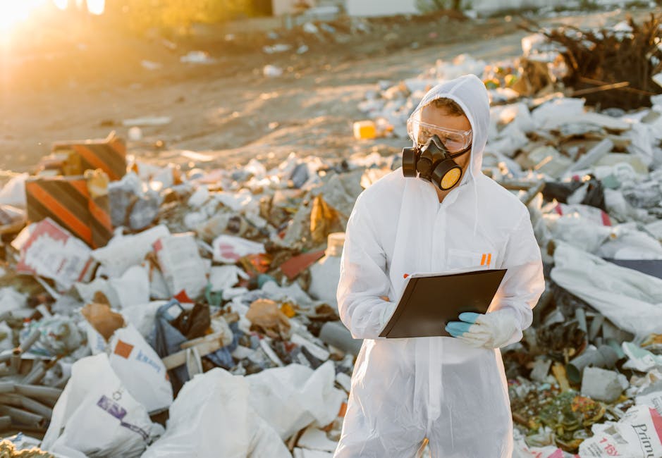 A person wearing a white protective suit, safety goggles, a respirator mask, and blue gloves standing amidst a large pile of mixed waste materials, including plastic, paper, and packaging debris, on an outdoor landfill site during daylight. The individual holds a clipboard and appears to be inspecting or documenting the waste environment, with sunlight illuminating the scene. The background shows a contaminated area with scattered refuse, emphasizing the importance of hazardous waste removal and proper sanitation. This image highlights environmental cleanup efforts and the role of professional waste management services, such as those offered by Notting Hill Cleaner, in maintaining hygiene and safety standards.